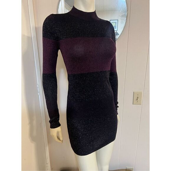 White House Black Market Tight Knit Sparkly Mock Neck Purple/Black Tunic Sweater - Picture 2 of 11
